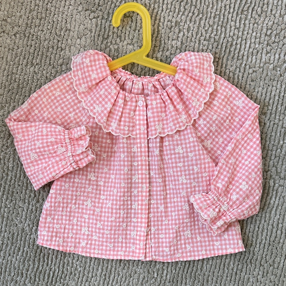 Zara Gingham Ruffle Collar embroidery blouse
